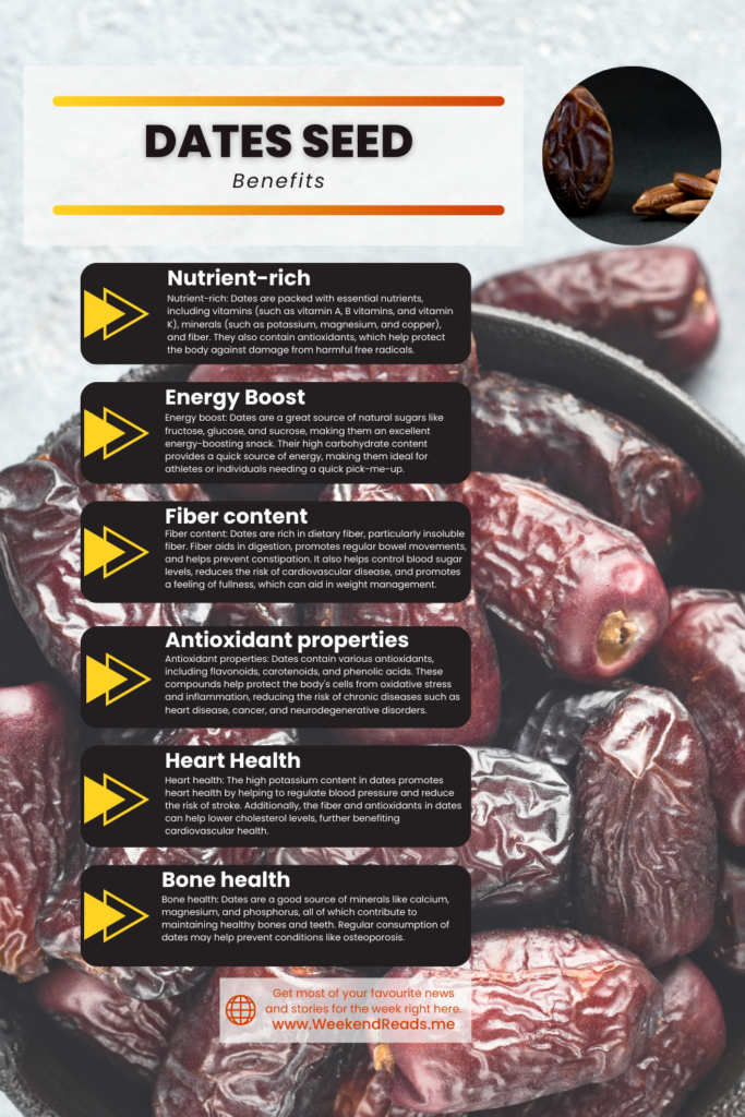 Amazing date seed benefits when you consume them. | Date seeds should never be thrown away after use because they have so many amazing health advantages. Learn more about the vitamins and minerals that dates seed provide for your health.