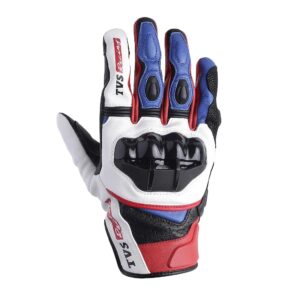 TVS Racing Race Riding Gloves for Men – Thermo-Plastic Rubber Protected, Touch Screen Compatible, & Visor Wiper Fingertips – Premium Bike Gloves for Off Roads (White & Blue-M)